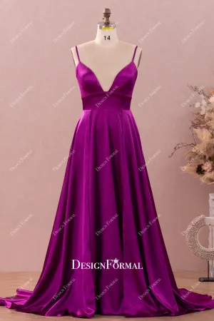 Raspberry Silky Satin Simple Spaghetti Straps V-neck Prom Dress