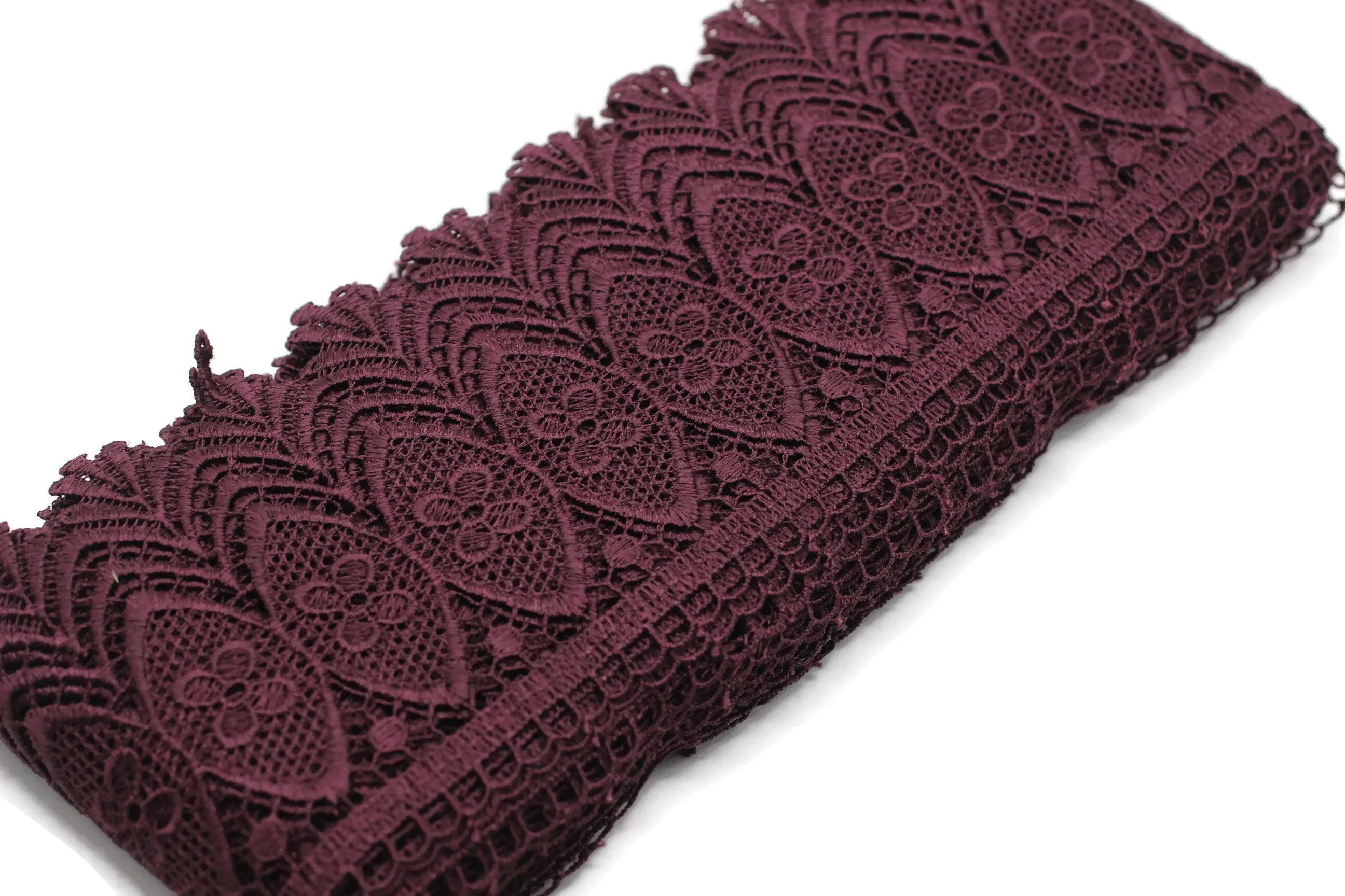 100mm 8 Mt. Aubergine Purple Bridal Guipure Lace Trim | 3.93 Inches Wide Lace Trim | Geometric Bridal Lace | French Guipure Curtain TRM100