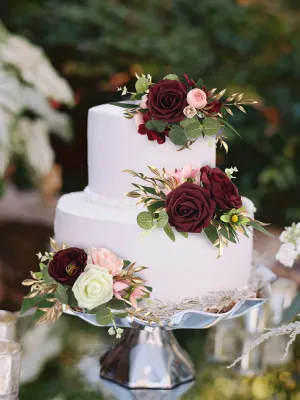 3Pcs Burgundy Cake Flowers Set