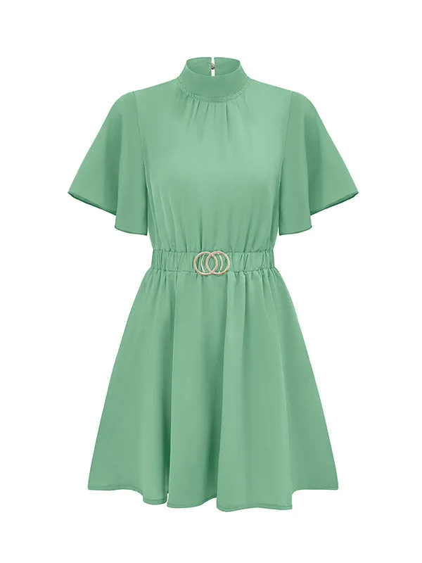 A-Line Flared Sleeves Belted Elasticity Mock Neck Mini Dresses