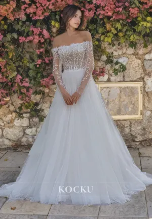 A Line Off-Shoulder Lace Wedding Gowns with Train Bridal Dress