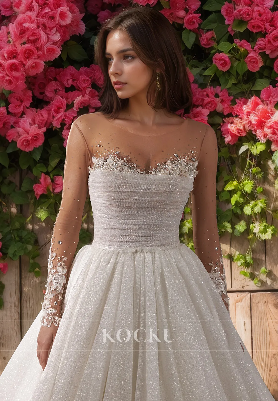 A-Line Scoop Neck Long Sleeves Brush Train Ruched Lace Bridal Gowns with Beaded Wedding Dress