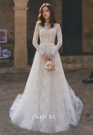 A-Line Sweetheart Long Sleeves Appliques Lace Wedding Dress with Sweep Train Bridal Gowns