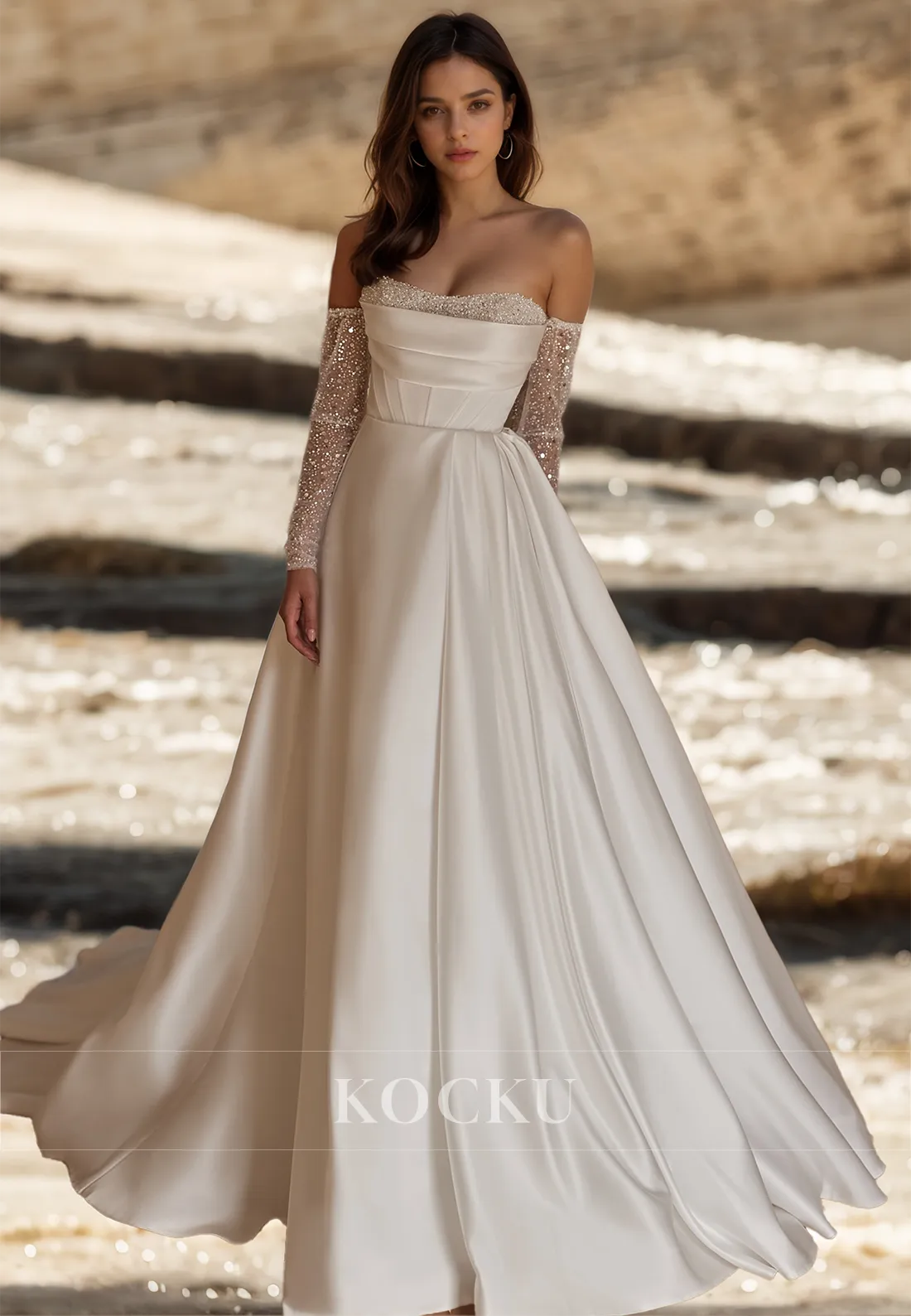 A-Line Tube Top Long Sleeves Sweep Train Stripe Pleated Satin Wedding Dress Bridal Gowns with Beads