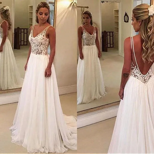 A Line White Lace Wedding Dress Open Back Bridal Gown