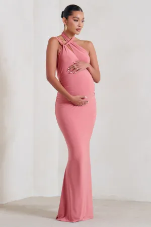 Alba | Blush Pink Maternity Halter Asymmetric Maxi Dress with Cut Out