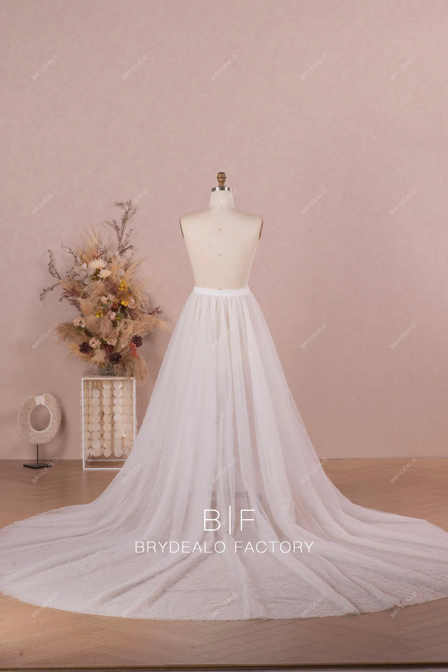 Allover Pearls Elegant Cathedral Length Bridal Overskirt