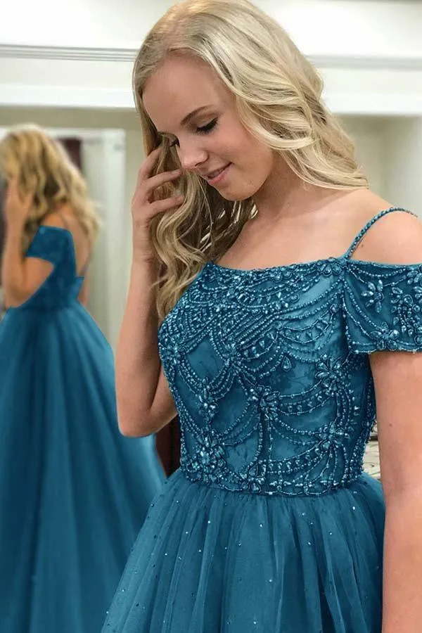 Ball Gown Off-the-Shoulder Dark Blue Tulle Prom Dress with Beading PG501