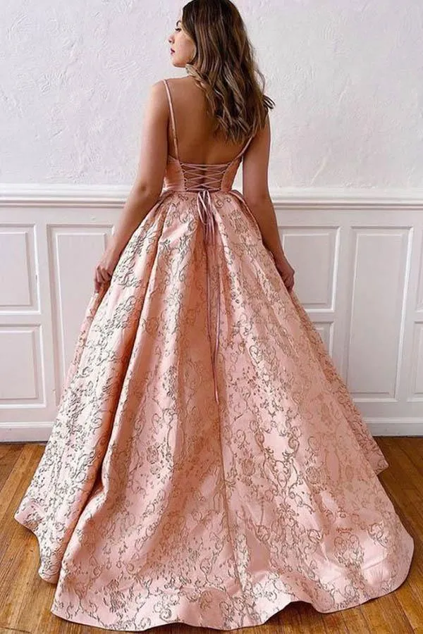 Ball Gown V Neck Straps Cross Back Blush Pink Long Prom Dresses PSK178