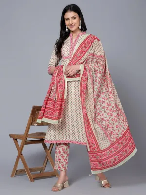 Bani Women Floral Printed Pure Cotton Kurt with Trousers & with Dupatta