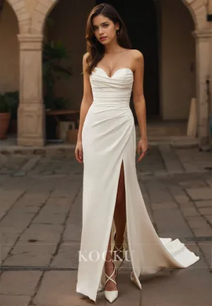 Beach Sweetheart Sheath Wedding Dress Sleeveless Train Ruched Satin Boho Dress with Slit