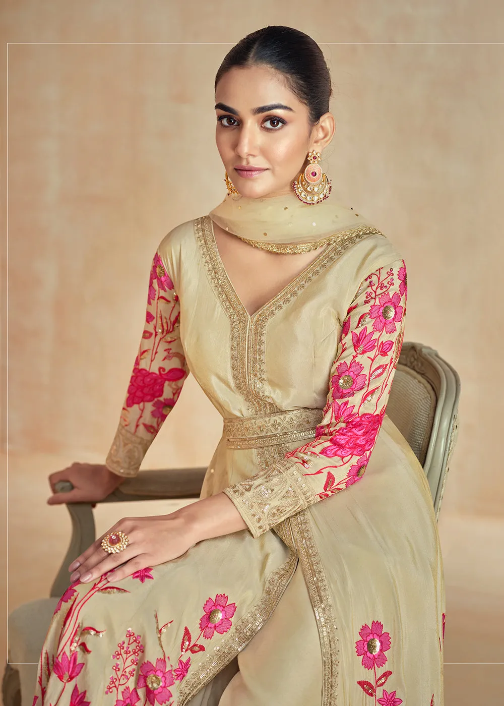 Beige Gold Embroidered Slit Style Festive Anarkali Suit