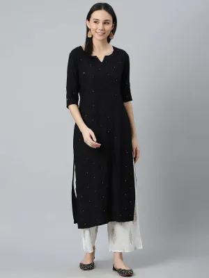 Black Embroidered Rayon Kurta