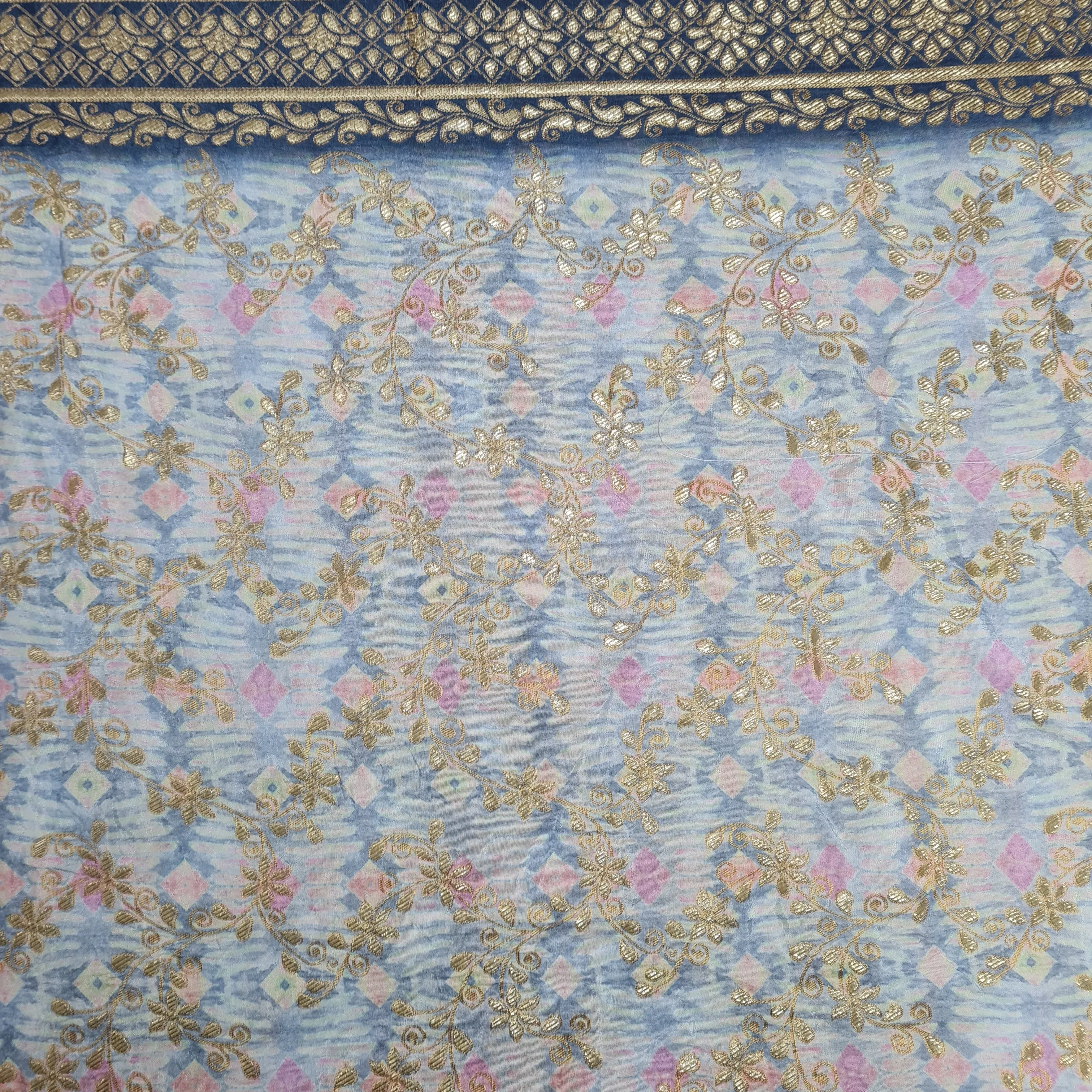 Blue Geomaterical Print Gold Zari Dola Silk Jacquard Fabric