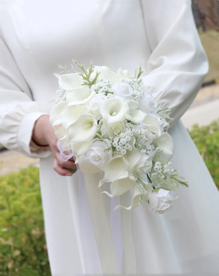 Bulk Wedding Small White Rose And Calla Lily Cascading Bridal Bouquet With Babys Breath Wholesale