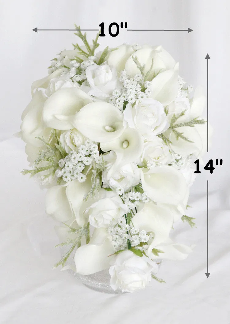 Bulk Wedding Small White Rose And Calla Lily Cascading Bridal Bouquet With Babys Breath Wholesale