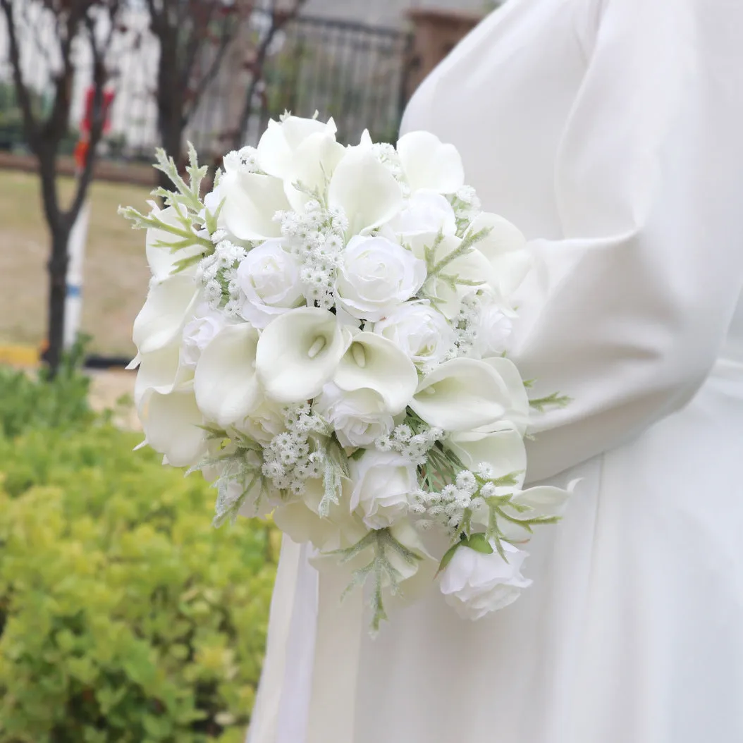 Bulk Wedding Small White Rose And Calla Lily Cascading Bridal Bouquet With Babys Breath Wholesale