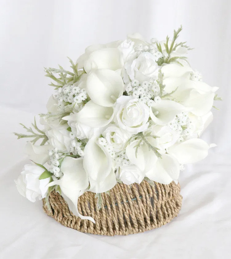 Bulk Wedding Small White Rose And Calla Lily Cascading Bridal Bouquet With Babys Breath Wholesale