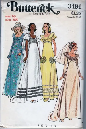 Butterick 3491 Ladies Bridal Wedding Dress Gown Bridesmaid Vintage 1970's Sewing Pattern