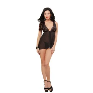 Chiffon Zip Front Babydoll Andthong - Large -  Black