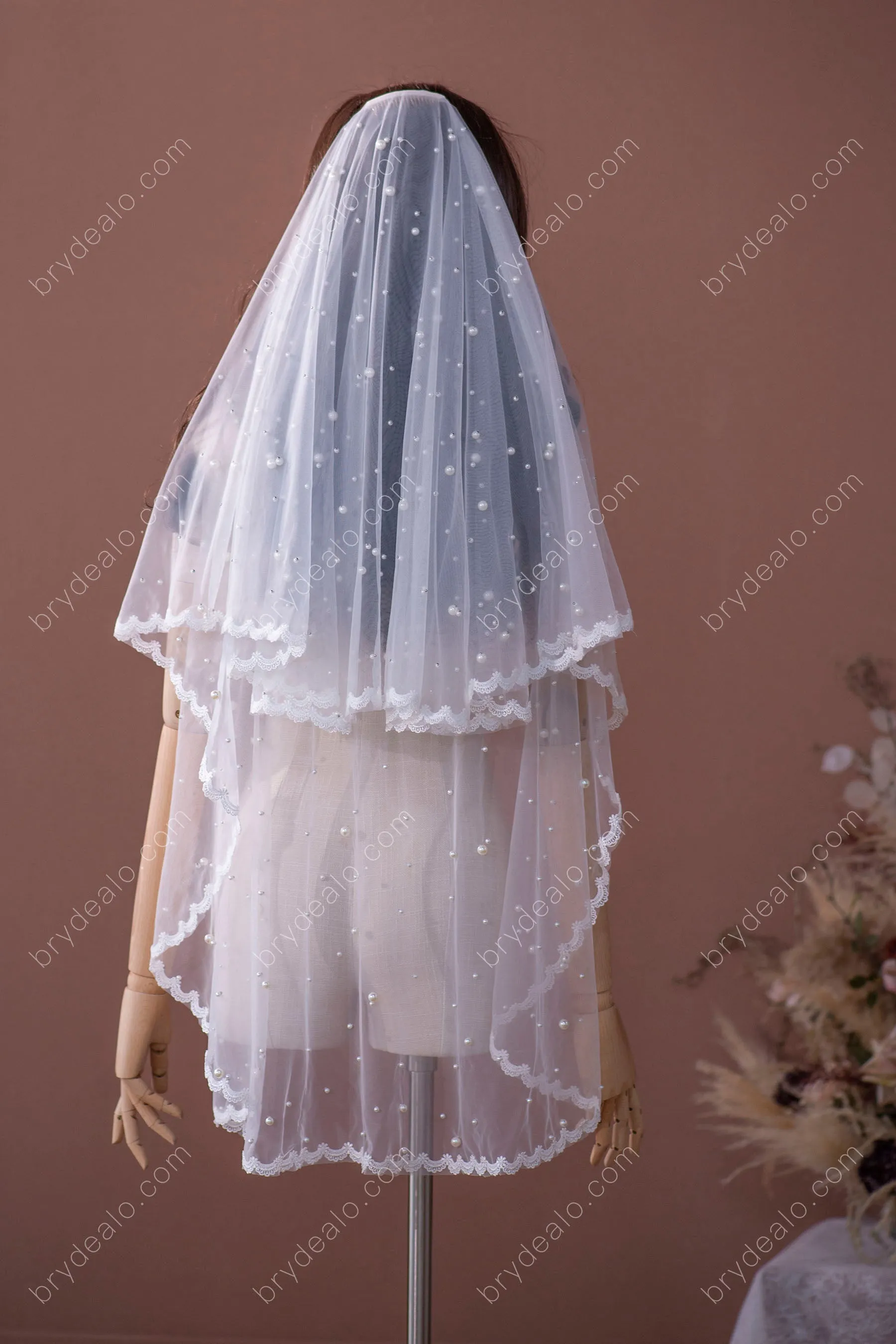 Cute Lace Pearls ballet Length Comb Bridal Veil