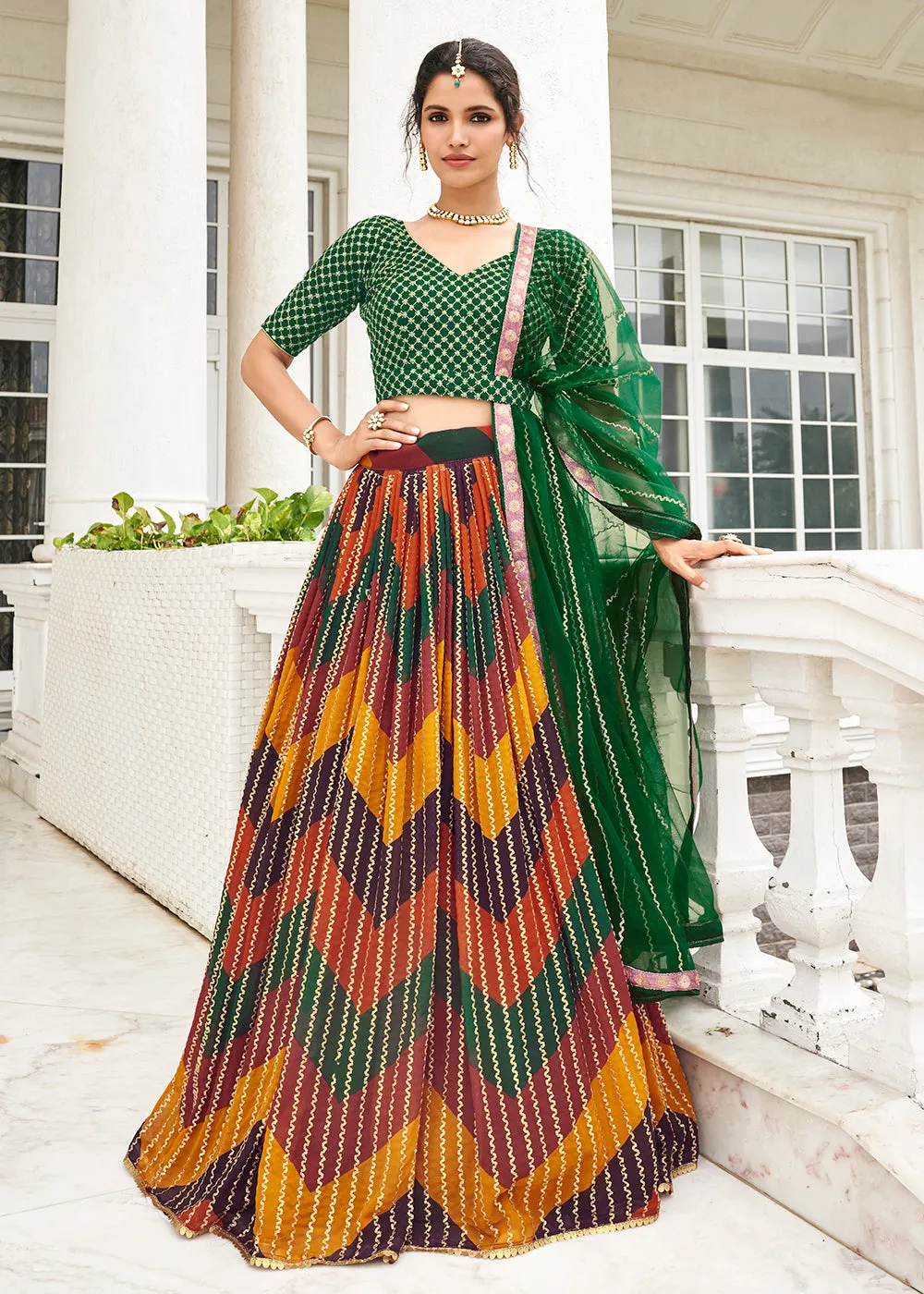 Desirable Multicolor & Green Printed Wedding Lehenga Choli