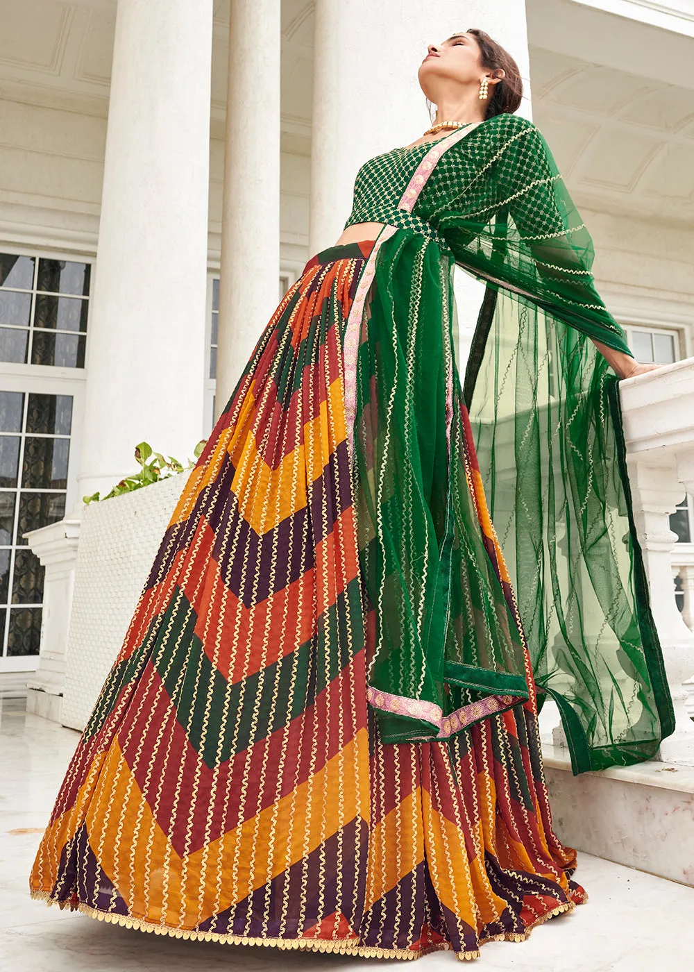 Desirable Multicolor & Green Printed Wedding Lehenga Choli