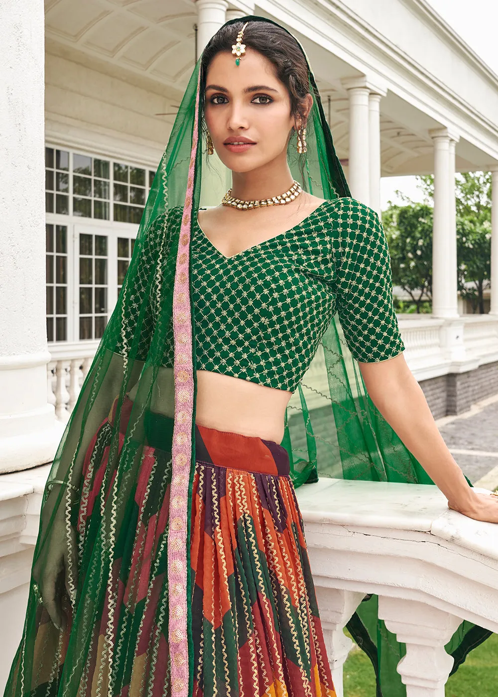 Desirable Multicolor & Green Printed Wedding Lehenga Choli