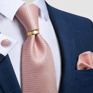 DiBanGu Silk Tie Ring Set Pink Rhinestone Plaid Men's Tie Pocket Square Cufflinks with Tie Ring Set