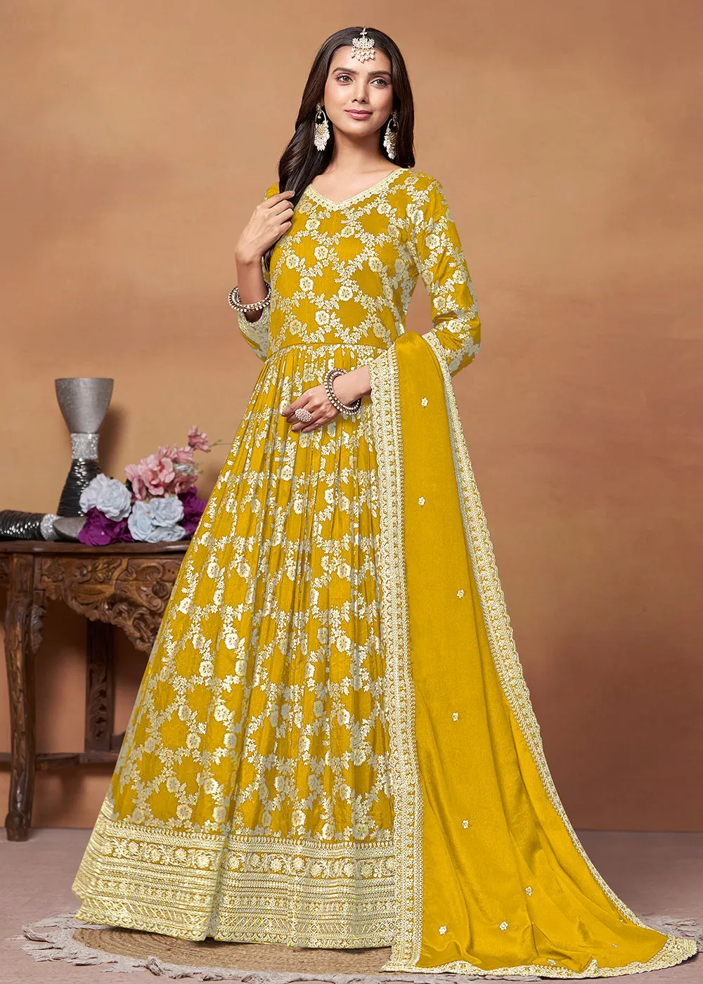 Dola Jacquard Mustard Embroidered Festive Anarkali Suit