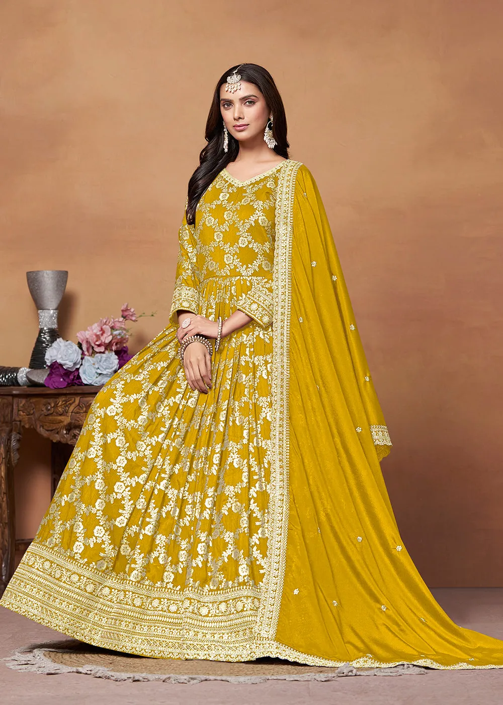 Dola Jacquard Mustard Embroidered Festive Anarkali Suit