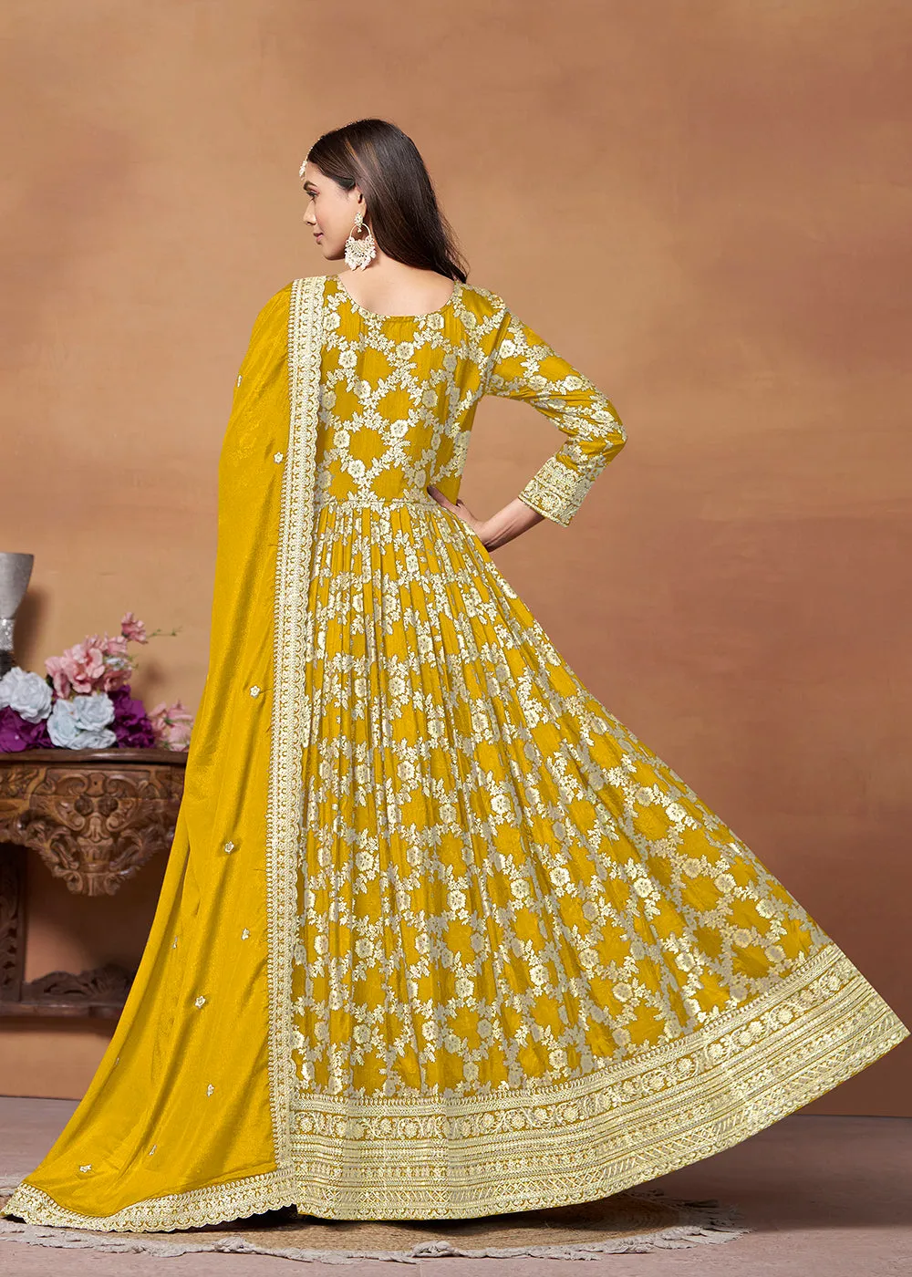 Dola Jacquard Mustard Embroidered Festive Anarkali Suit