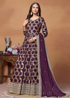 Dola Jacquard Purple Embroidered Festive Anarkali Suit