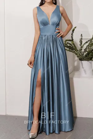 Dusty Blue Plunging Charmeuse Floor Length Slit A-line Dress