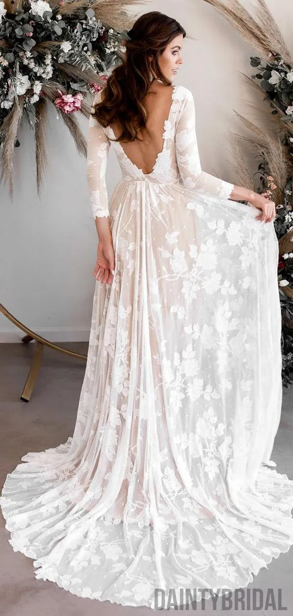 Elegant Batau Neck Long Sleeves Open Back With Train Long Wedding Dresses.DB10055