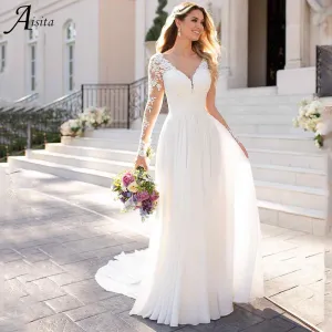 Elegant Long Sleeve A-Line Wedding Dresses  Lace Appliqued Long Sleeves Bride Dress Sweep Train Bridal Gown Vestido De Novia