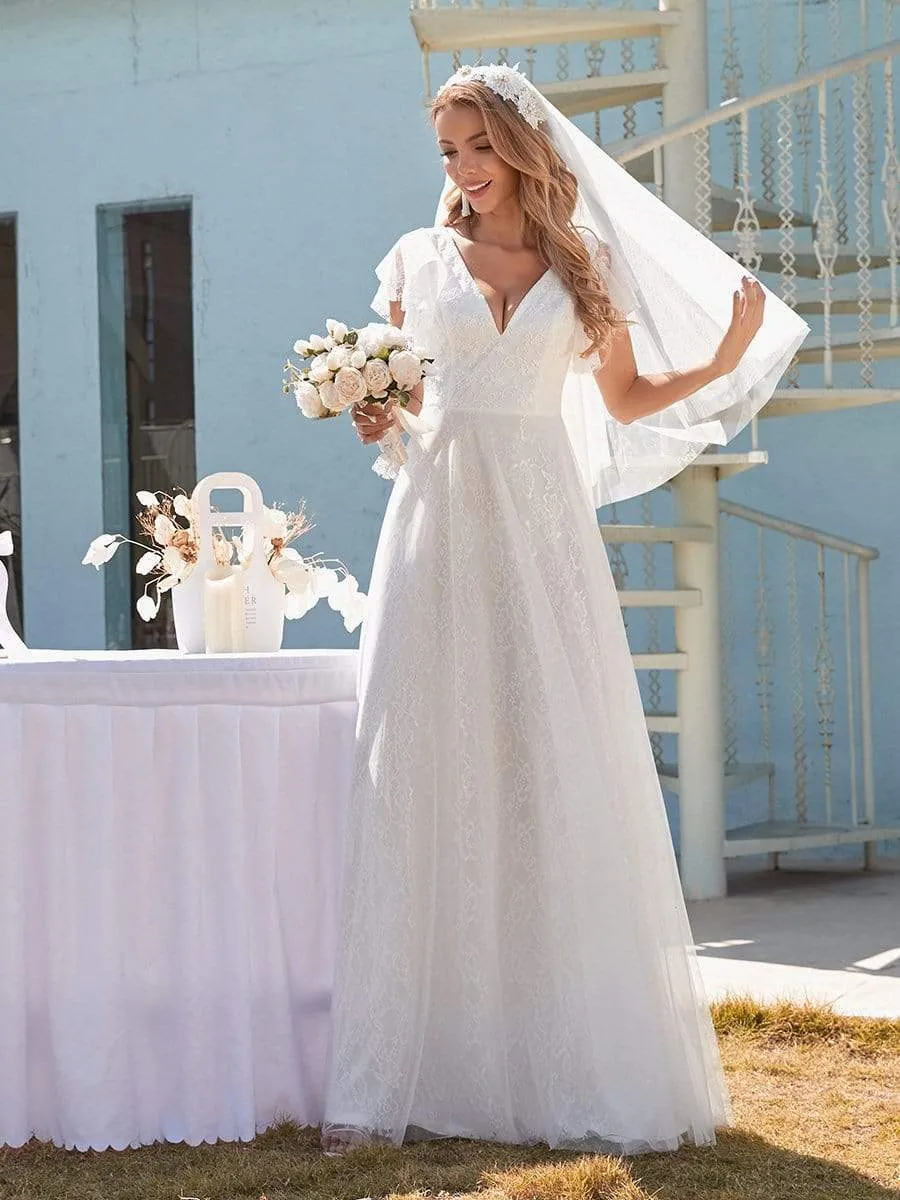 Elegant Maxi Lace Elopement Wedding Dress with Ruffle Sleeves