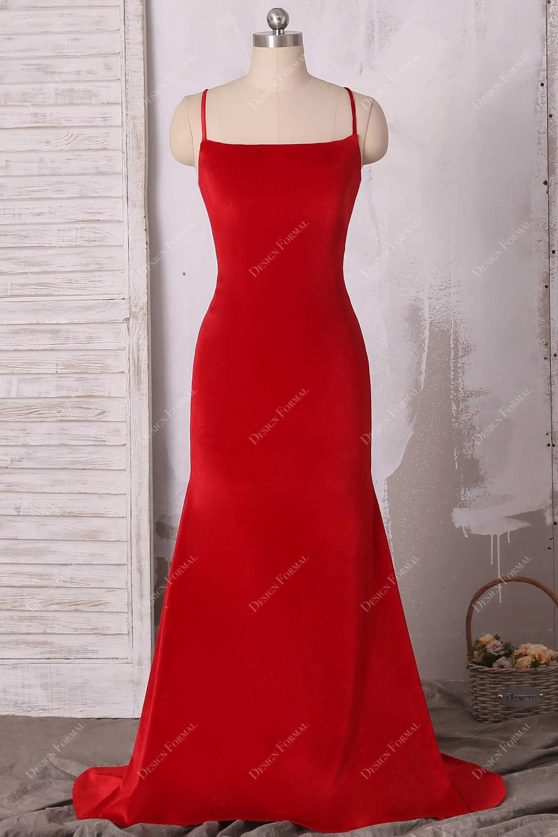 Elegant Red Velvet Strappy Back Simple Mermaid Prom Dress