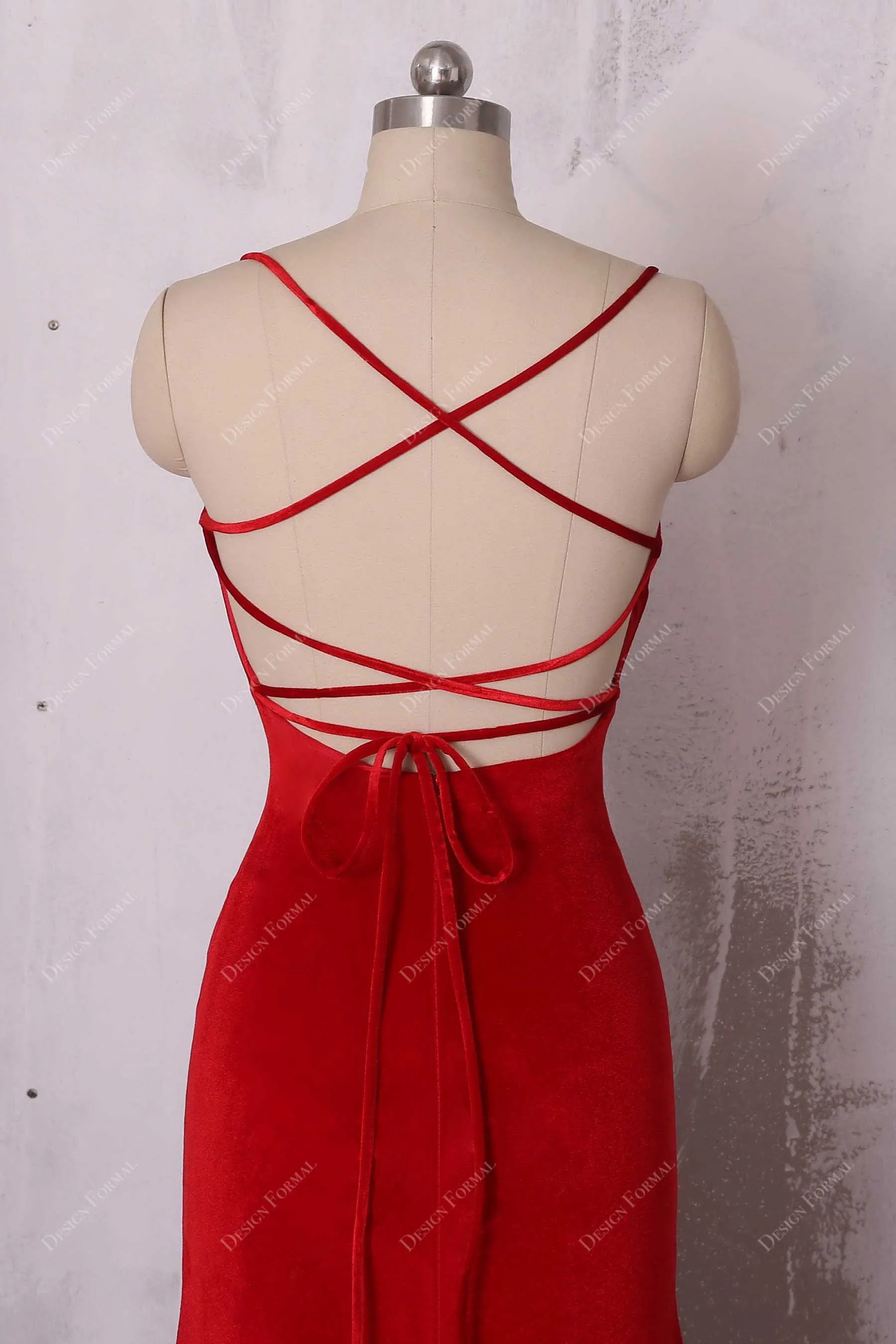 Elegant Red Velvet Strappy Back Simple Mermaid Prom Dress