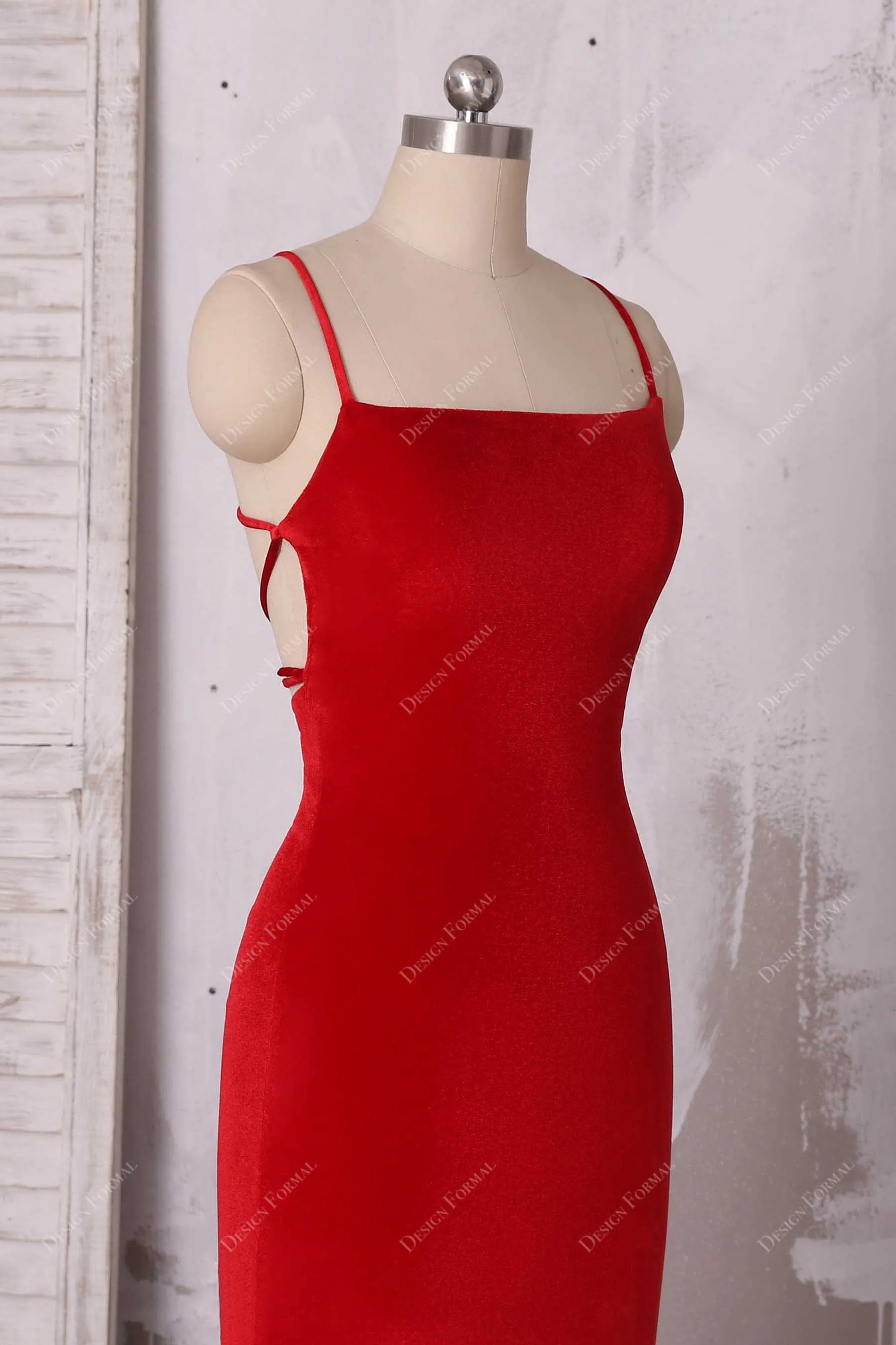 Elegant Red Velvet Strappy Back Simple Mermaid Prom Dress