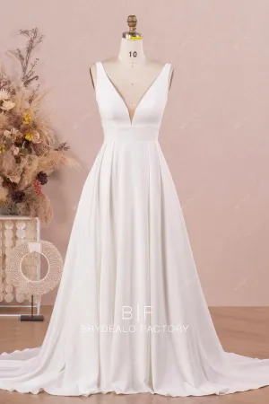 Elegant Sleeveless Plunging Neck Designer Crepe A-line Wedding Dress