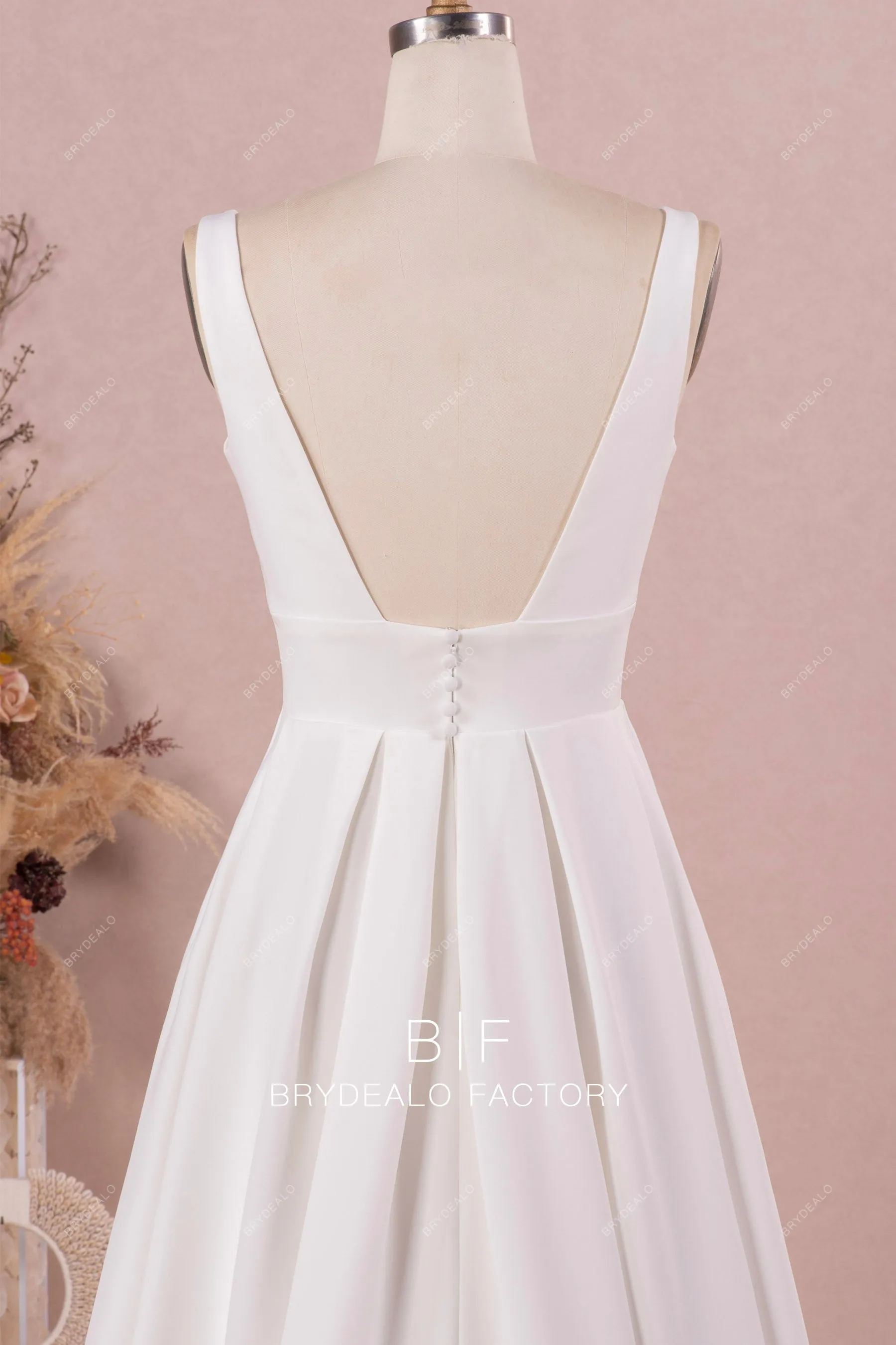 Elegant Sleeveless Plunging Neck Designer Crepe A-line Wedding Dress