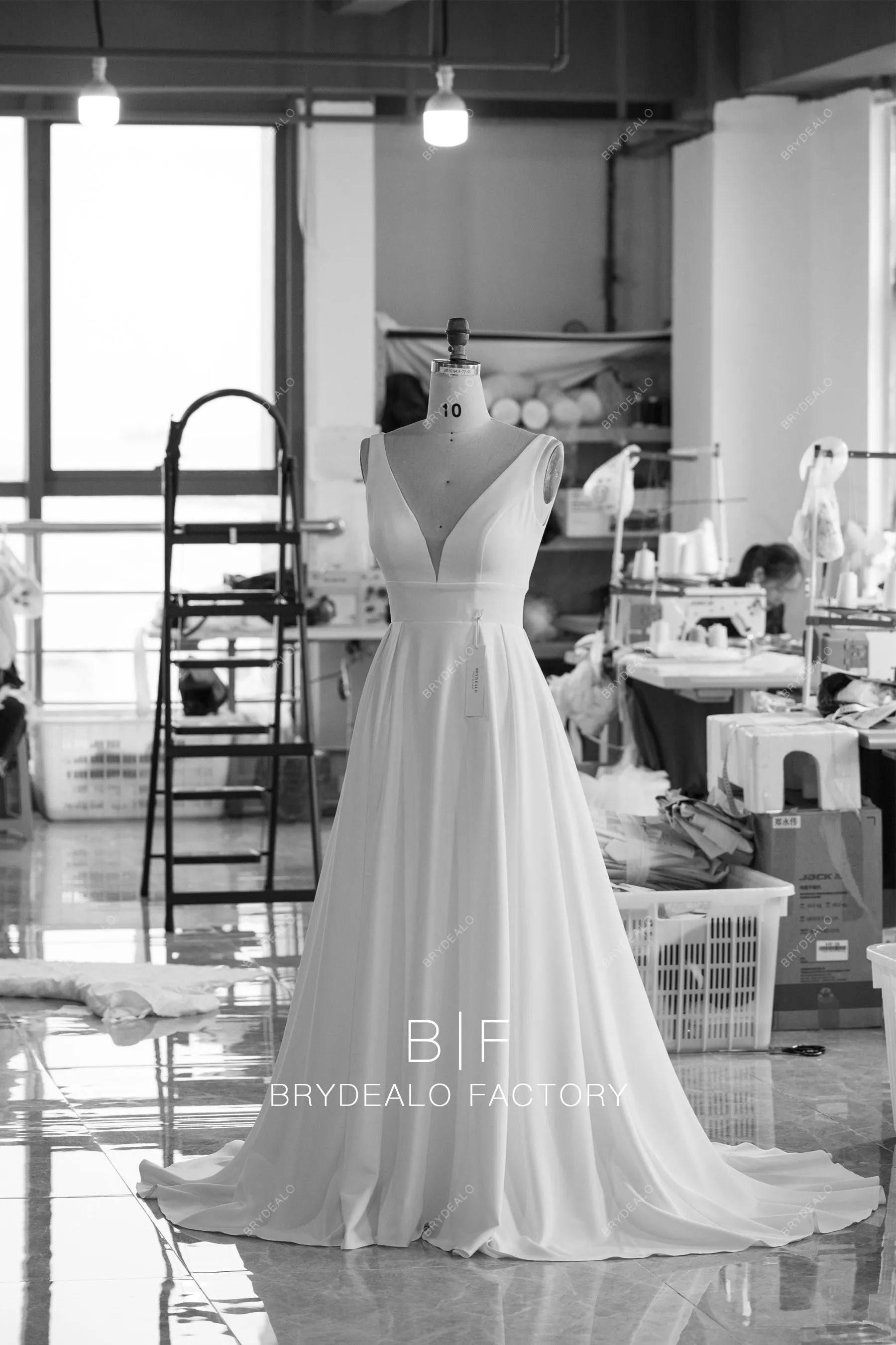 Elegant Sleeveless Plunging Neck Designer Crepe A-line Wedding Dress