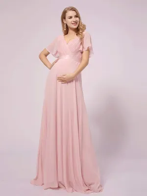 Empire Bodice Pleated Maxi Bump Friendly Dress with Sleeves