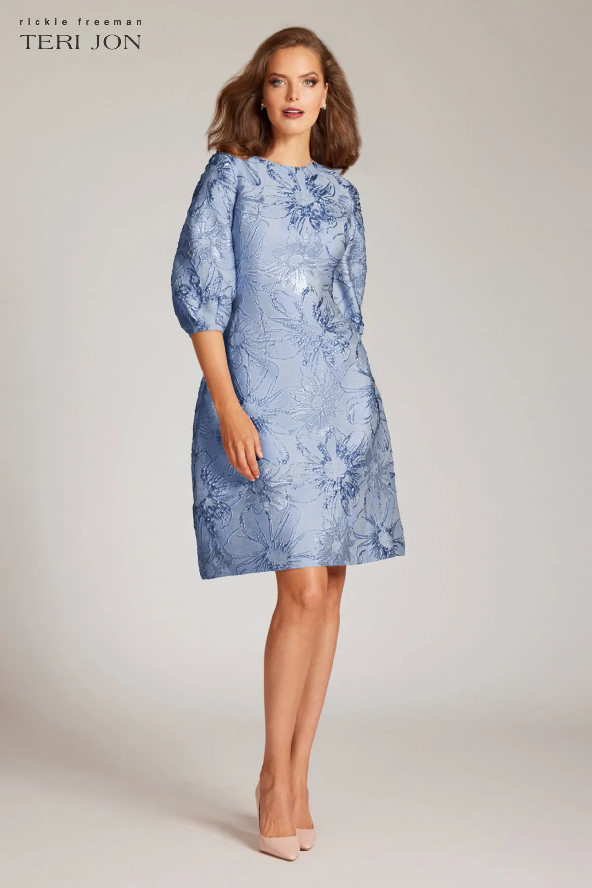 Floral Pattern Jacquard Balloon Sleeve Dress