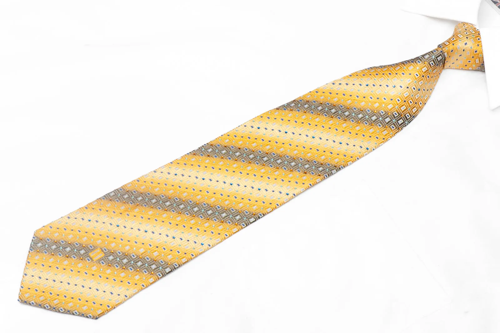 Geometric On Yellow Rhinestone Silk Necktie With Blue Sparkles