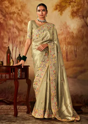 Golden Wedding Wear Embroidered Kanjivaram Silk Saree