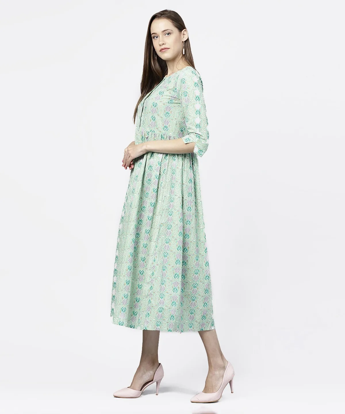 Green Printed Half Sleeve A-Line Maxi Dress