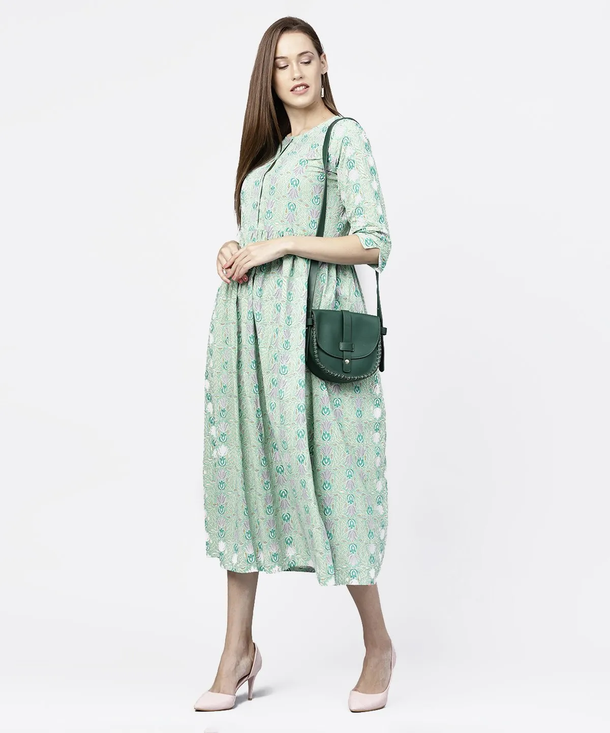 Green Printed Half Sleeve A-Line Maxi Dress