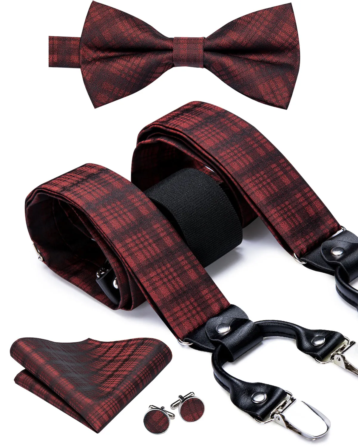 Hi-Tie Dark Red Plaid Stripe Suspender Bowtie Handkerchief Cufflinks Set